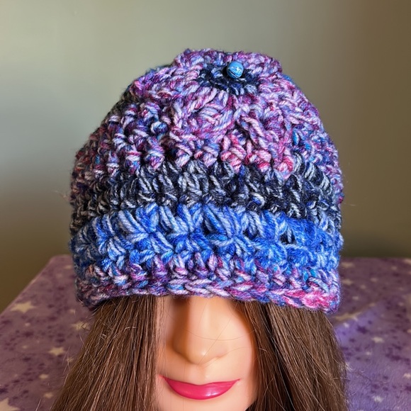 Vibrant Blue and Purple Crochet Beanie medium acrylic yarn - Picture 8 of 8